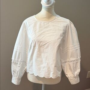 French Connection White Scalloped Hem Puff Sleeve Blouse- Like New
